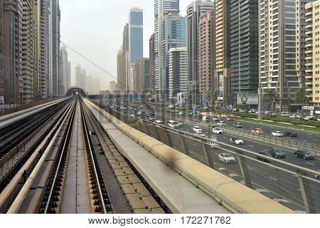 Dubai, United Arab Emirates - February 19, 2017, The Dubai Metro is a driverless, fully automated metro rail network in Dubai, United Arab Emirates