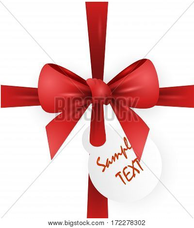 Decorative red bow and ribbon.Teg paper on ribbon. Realistic vector illustration.