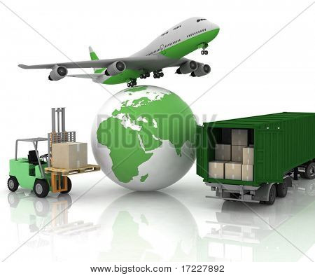 avión de pasajeros con un globo y auto cargador con cajas