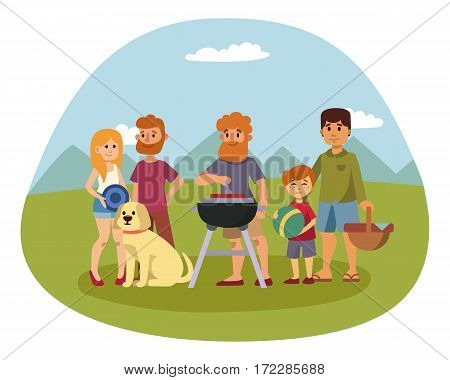 Picnic setting with fresh food hamper basket barbecue resting couple and summer meal party family people lunch garden character vector illustration. Cooking outdoor healthy lifestyle time.