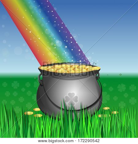 Magic leprechaun pot of gold at the base of the rainbow. Cauldron full of gold coins on the lawn in the green grass. landscape with leprechaun's pot of gold and rainbow. Vector greeting card