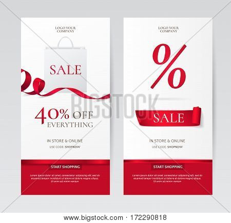 Set of elegant vertical banners with paper shopping bag and red ribbons. Vector templates for discounts offers on the website. Isolated from the background.