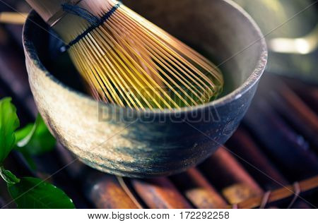 Matcha. Organic Green Matcha Tea ceremony. Matcha powder. Cooking with matcha, vegetarian food recipe