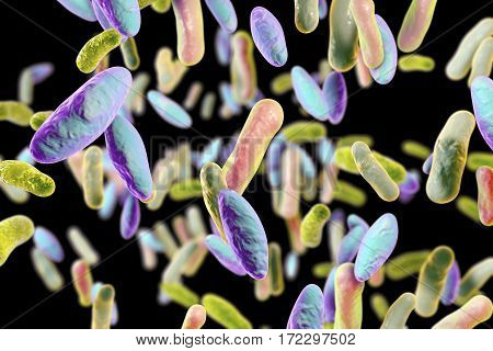 Bacterial infection. Rod-shaped bacteria on colorful background, 3D illustration