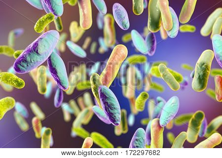 Bacterial infection. Rod-shaped bacteria on colorful background, 3D illustration