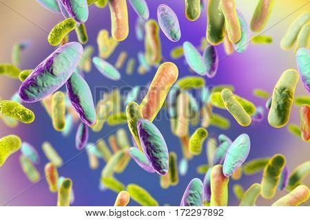 Bacterial infection. Rod-shaped bacteria on colorful background, 3D illustration