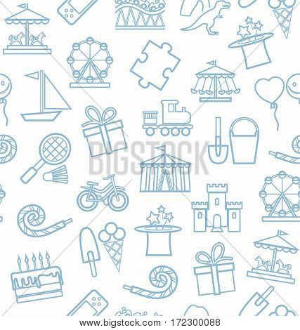 Children's entertainment and leisure, background, seamless, white, blue. Vector background with objects for the entertainment of children. Grey-blue linear image on a white field.