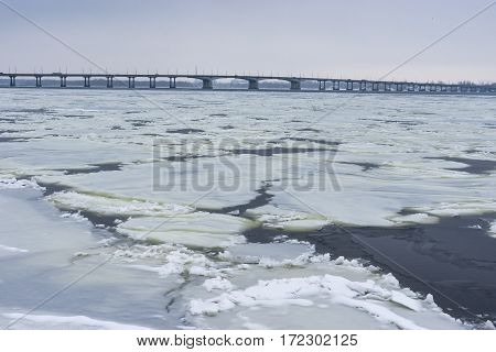 Winter landscape with Dnepr river in Dnepr city Ukraine