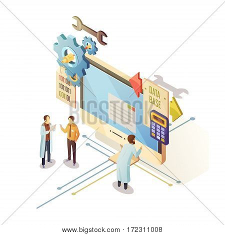 Database isometric design with staff and computer equipment for security storage and analysis of information vector illustration