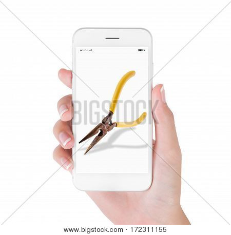 Woman using smart phone searching old pliers whit rust tool suppliers concept isolated white background.