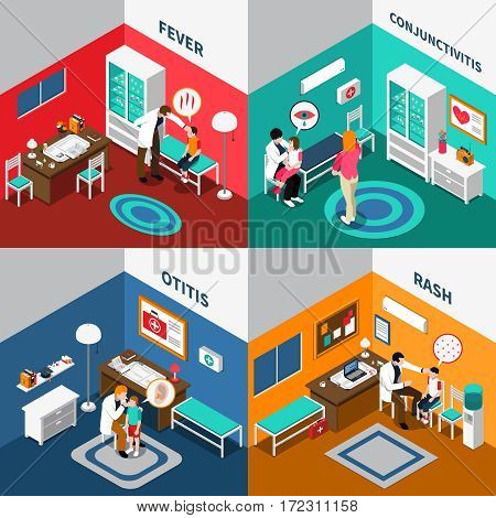 Child diseases colorful isometric compositions including kids with fever rash otitis conjunctivitis and pediatricians isolated vector illustration