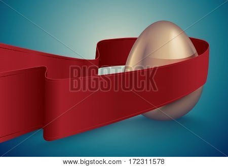 Glossy golden egg with red winding tape. Turquoise deep retro ribbon background idea. Vintage banner card poster for Easter business benefit concept.