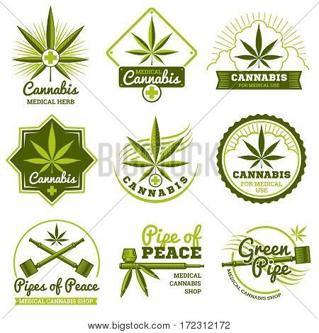 Hashish, rastaman, hemp, cannabis vector logos and labels set. Medicine marijuana and label shop marijuana organic illustration