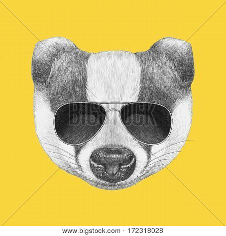 Portrait of Badger with sunglasses. Hand drawn illustration.
