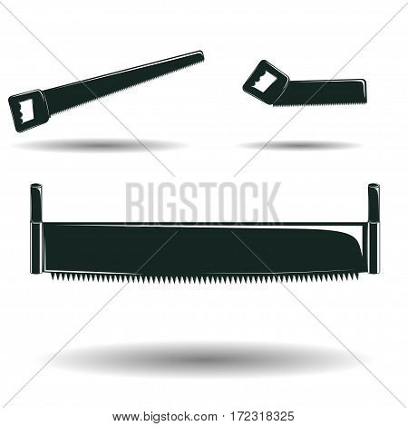 Monochrome crosscut saw sign or icon, element for woodworking emblem or logo, isolated on white background, vector