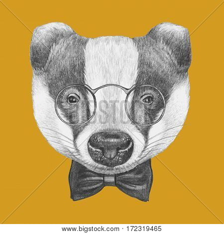 Portrait of Badger with glasses and bow tie. Hand-drawn illustration.