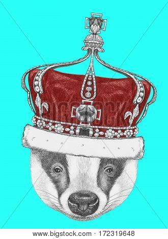 Portrait of Badger with crown. Hand drawn illustration.