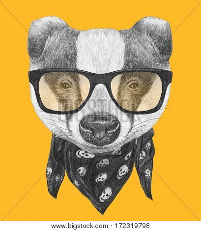 Portrait of Badger  with glasses and scarf. Hand-drawn illustration.