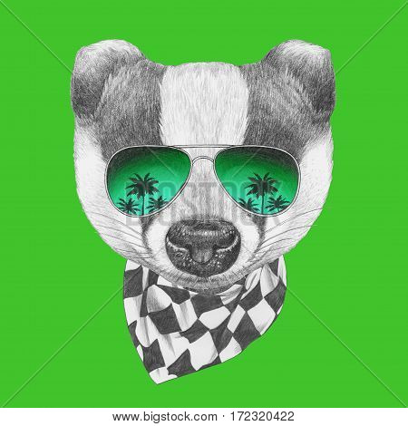 Portrait of Badger with mirror sunglasses and scarf. Hand drawn illustration.