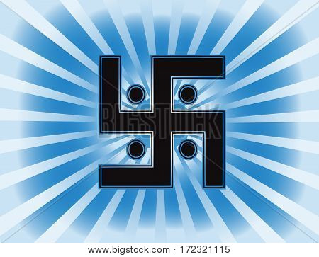 The most important symbol in the religion of Jainism -  the Sun Swastika. Gradient blue background, blue sun rays, vector