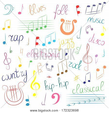 Colorful Hand Drawn Set of Music Symbols and Styles. Doodle Treble Clef Bass Clef Notes and Lyre. Lettering of Blues Electronic Jazz Rap Disco Folk Country Rock Classical. Vector Illustration.