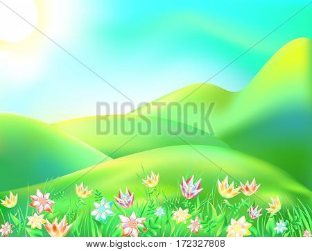Vector illustration of colorful nature. Cartoon landscape of a sunny summer day. Children background depicts a forest, mountain, river, trees, sky, apple, clouds