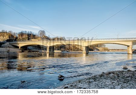 Russia. Ivangorod. Bridge of Friendship between Ivangorod in Russian Federation and Narva in Estonia. The Narva (Narova) River is international border between two countries