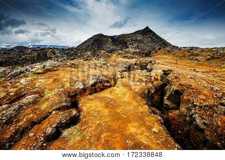 Exotic view of the geothermal valley Leirhnjukur. Popular tourist attraction. Dramatic and picturesque scene. Location place Myvatn lake, Krafla, Iceland, Europe. Discover the world of beauty.