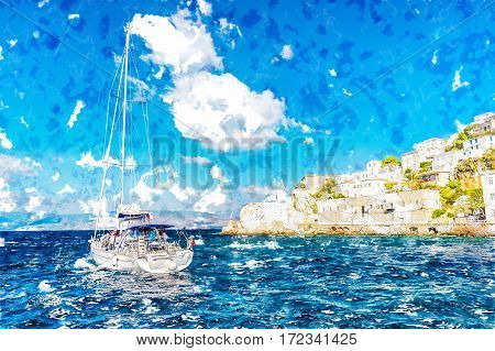 Hydra island on a summer day in Greece. Beautiful landscape with sea and island, and a boat sailing. Modern Painting. Brushed artwork based on photo. Background texture.
