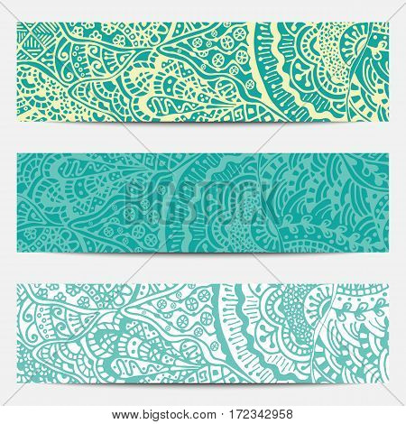 Horizontal backgrounds with oriental hand drawn pattern. Set of decorative vector banners. Templates for web and print.