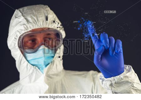 Genetic engineering and science scientist wearing protective clothing working in laboratory