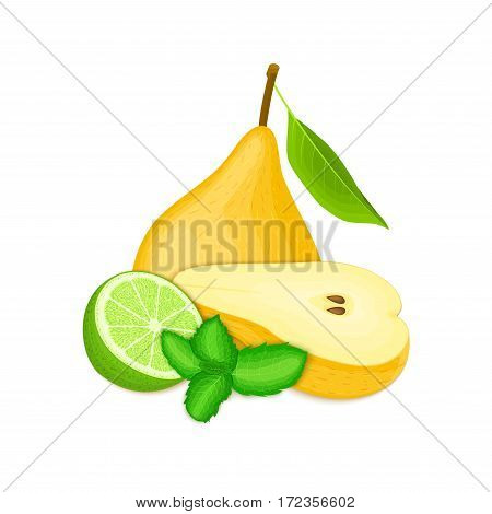 Vector composition of a few yellow pears citrus lime and mint leaves. Yellow pear fruits and tropical lime. Group of tasty ripe fruit with pepper mint leaf design of juice breakfast healthy vegan food