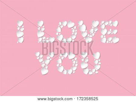 I Love You letters flat lay with white vector paper hearts on pink background. Love and Valentine's Day concept.