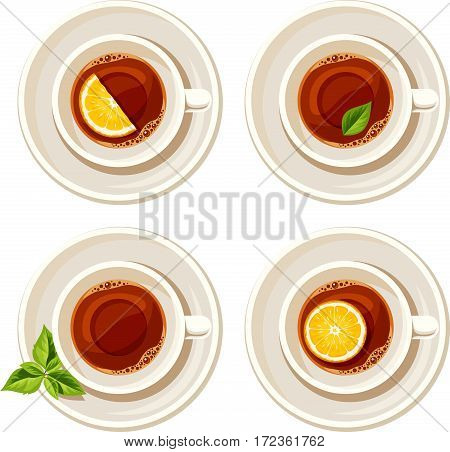Vector set of four porcelain cups of tea with lemon and tea leaves isolated on a white background.