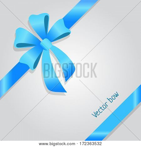 Vector Bow. Shiny wide blue ribbons. Satin line. Tied bob. Colourful bow with four petals and two long tails. Bright decoration for gifts, presents, boxes. Simple cartoon design. Flat style. Vector