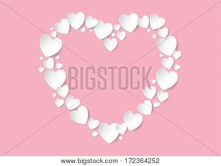 Valentines Day Heart flat lay with white vector paper hearts on pink background. Love concept.