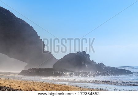 Legzira beach. Red arch on atlantic ocean coast in Marocco, Legzira beach. Beautiful oceanic shoreline