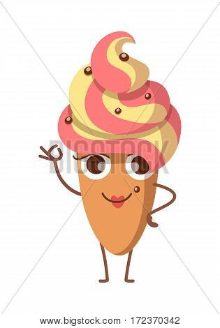 Sweets. Illustration of cake in oval shape with whipped cream. Yellow-pink topping and some confetti. Smiling baked bun with one raised and on hand on waist. Cartoon style. Flat design. Vector