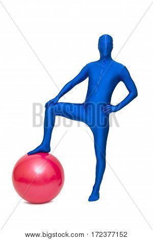 Mysterious Blue Man In Morphsuit Exercise With Pilates  Ball