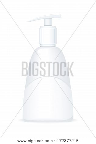Blank pumper dispenser of shampoo or soap. Plastic tube with pump for cosmetics on blue background. Product for body care, beauty, health, freshness, youth, hygiene. Realistic vector illustration.