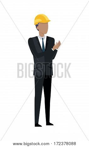 Successful architect standing and clapping hands. Man in black suit and yellow helmet. Building manager. Investor in expensive cloth and classical shirt. Cartoon style in flat design. Vector