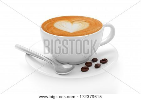 Cup of coffee latte and coffee beans isolated on white background