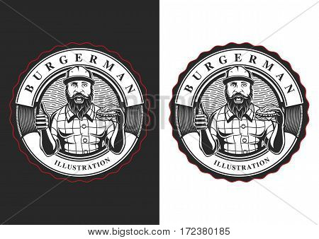 Man with burger . Vintage fast food emblem. Text is on the separate layer.