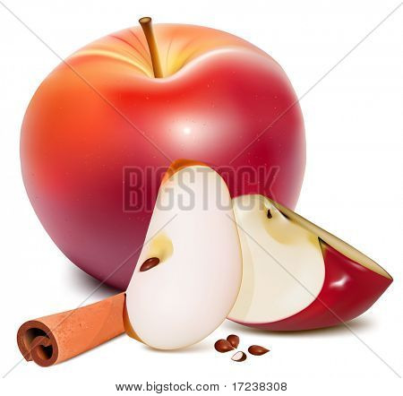 Vector. Pommes rouges mûrs avec des feuilles vertes et de la cannelle.