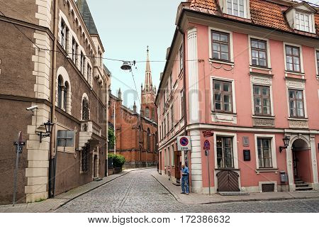RIGA/ LATVIA - JULY 26, 2015. Old buildings at the intersection of streets Pils and Anglikanu. Riga, Latvia.