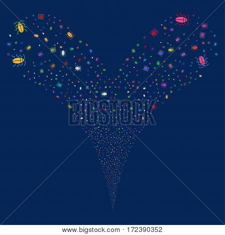 Cucaracha fireworks stream. Vector illustration style is flat bright multicolored iconic symbols on a blue background. Object double fountain organized from random pictographs.