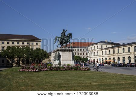 MUNICH, GERMANY - AUGUST 02, 2015: The monument Reiterdenkmal of King Ludwig I of Bavaria is located at the Odeosplatz in Munich