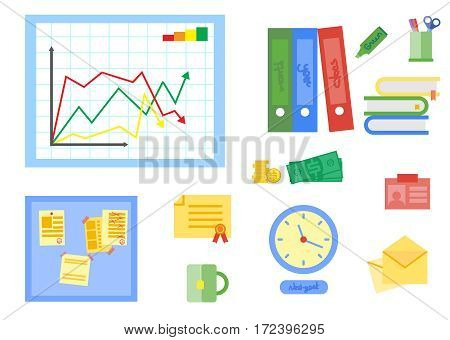 Modern flat icons vector collection in stylish colors of business elements, office equipment. Isolated on white background.