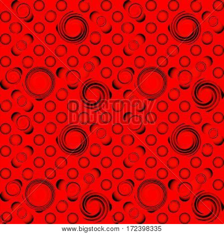 Pattern of black convex balls. Abstract pattern of red spiral circles on a black background.