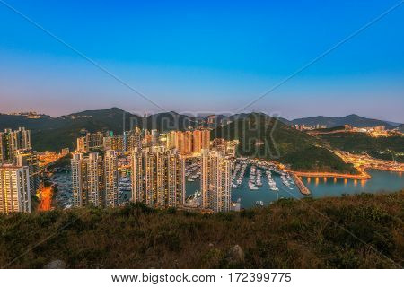 Aberdeen Typhoon Shelters View At Yuk Kwai Shan (mount Johnston) In Sunset Time